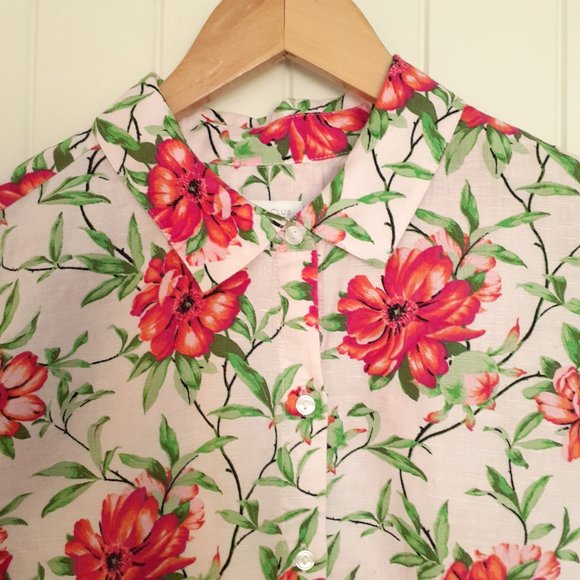 Charter Club Linen Long Sleeve Floral Print Roll Tab Button Up Shirt Pink Size M - Picture 4 of 12